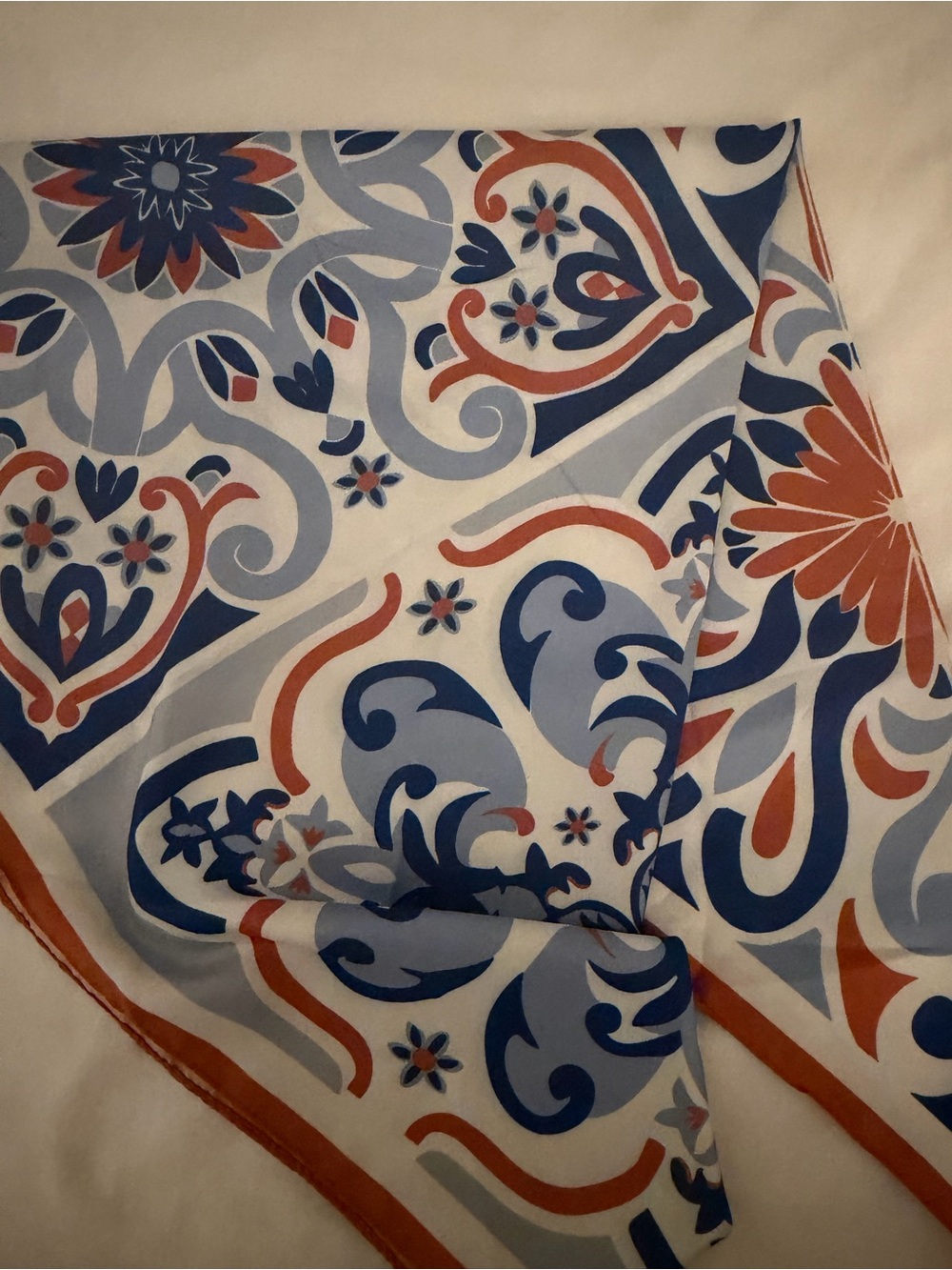 Mango Blue, Light Blue and Rust Patterned Silk Scarf